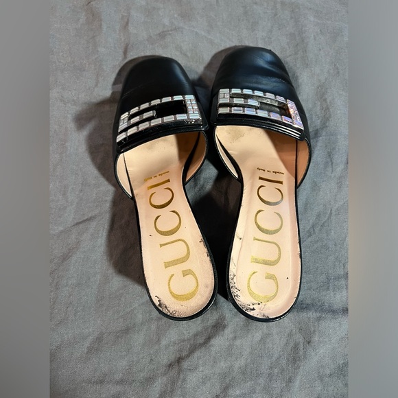 Gucci— Madelyn Malaga Crystal Square G Leather Mules 35 / 36 Block Heel - Picture 5 of 16